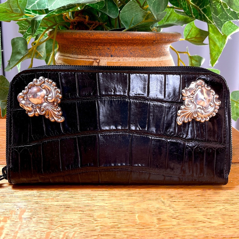 NWOT- Brighton Black Croc Zip Clutch with 2 Brighton silver tone embellishments